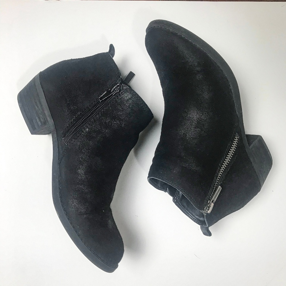 Black distressed faux suede zip up booties